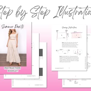 High Waist Tiered Pants Sewing Pattern sewing pattern instruction booklet showing step by step illustrations to make the garment.