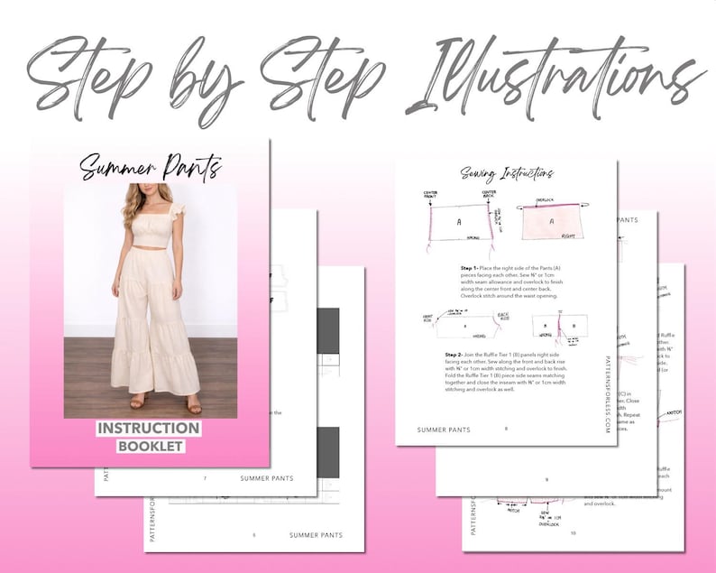 High Waist Tiered Pants Sewing Pattern sewing pattern instruction booklet showing step by step illustrations to make the garment.