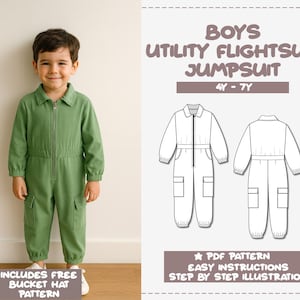 May include: A young child wearing a green utility flightsuit jumpsuit with a zipper closure, collar, and pockets. The image includes a pattern for the jumpsuit and a bucket hat. Text on the image reads "BOYS UTILITY FLIGHTSUIT JUMPSUIT 4Y-7Y".
