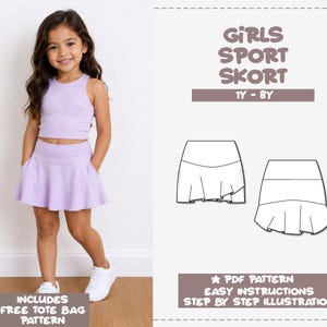 May include: A sewing pattern for a girls sport skort in sizes 1Y to 8Y, featuring a light purple ribbed tank top and matching skort. The document includes a PDF pattern, step-by-step illustrations, and a bonus free tote bag pattern.