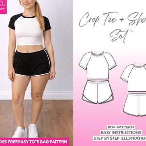 Modello di cucito per top corto raglan e pantaloncini a forma di delfino (download PDF, XS-XXXL) + borsa tote omaggio