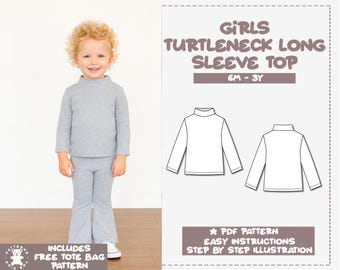 Patrón de costura para blusa de cuello alto para niña (6 meses-3 años) (Patrón PDF)