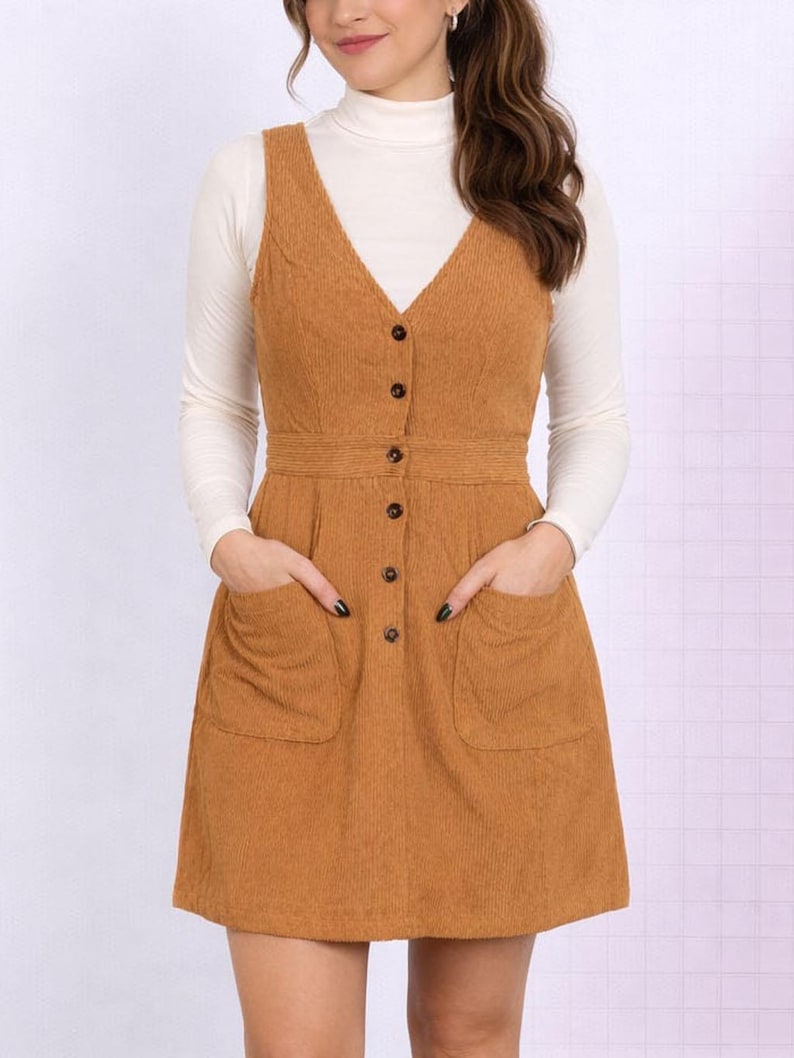 Woman wearing a brown corduroy Button Down Overall Dress with a white turtleneck and brown boots on a plain background.