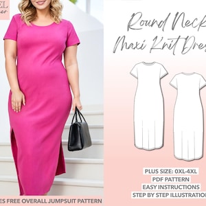 Plus size naaipatroon 0XL-4XL ronde hals jurk maxi gebreide jurk pdf-patroon vrouwen jurk naaipatroon lange jurk patroon T-shirtjurk
