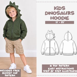 Può includere: Una felpa con cappuccio e zip verde oliva scuro con un cappuccio a punte ispirato ai dinosauri, abbinata a pantaloncini cargo color kaki e scarpe da ginnastica bianche. L'immagine include il testo Kids Dinosaurs Hoodie 1Y-8Y, PDF Pattern, Easy Instructions, Step by Step Illustration.