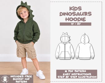 Kids Dinosaur Costume Sewing Pattern, Kids Hoodie Pattern PDF, Zip-Up Hoodie, Kids Jacket with Zipper, Halloween Costume, Dinosaur Clothing