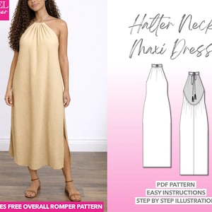 Halter Neck Maxi Dress Sewing Pattern: Side Slit Backless Design (PDF Pattern XS-XXXL)