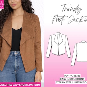 Moto Jacket Sewing Pattern Women Biker Jacket PDF Crop Jacket, Suede Jacket Waterfall Collar Easy Jacket Pattern Beginners Leather Jacket