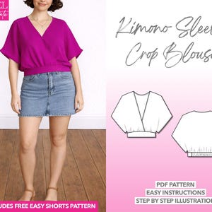 Patrón de costura para blusa corta con mangas de kimono: Top cruzado (patrón PDF para tallas XS-XXXL)