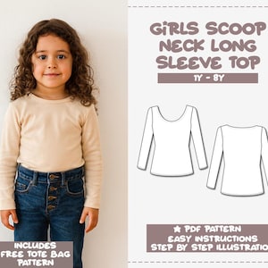 Patrón de camiseta de manga larga para niña Patrón de camiseta infantil en PDF Patrón de camiseta para niña Patrón de top con cuello barco Patrón para principiantes Patrón de costura sencillo Instrucciones fáciles