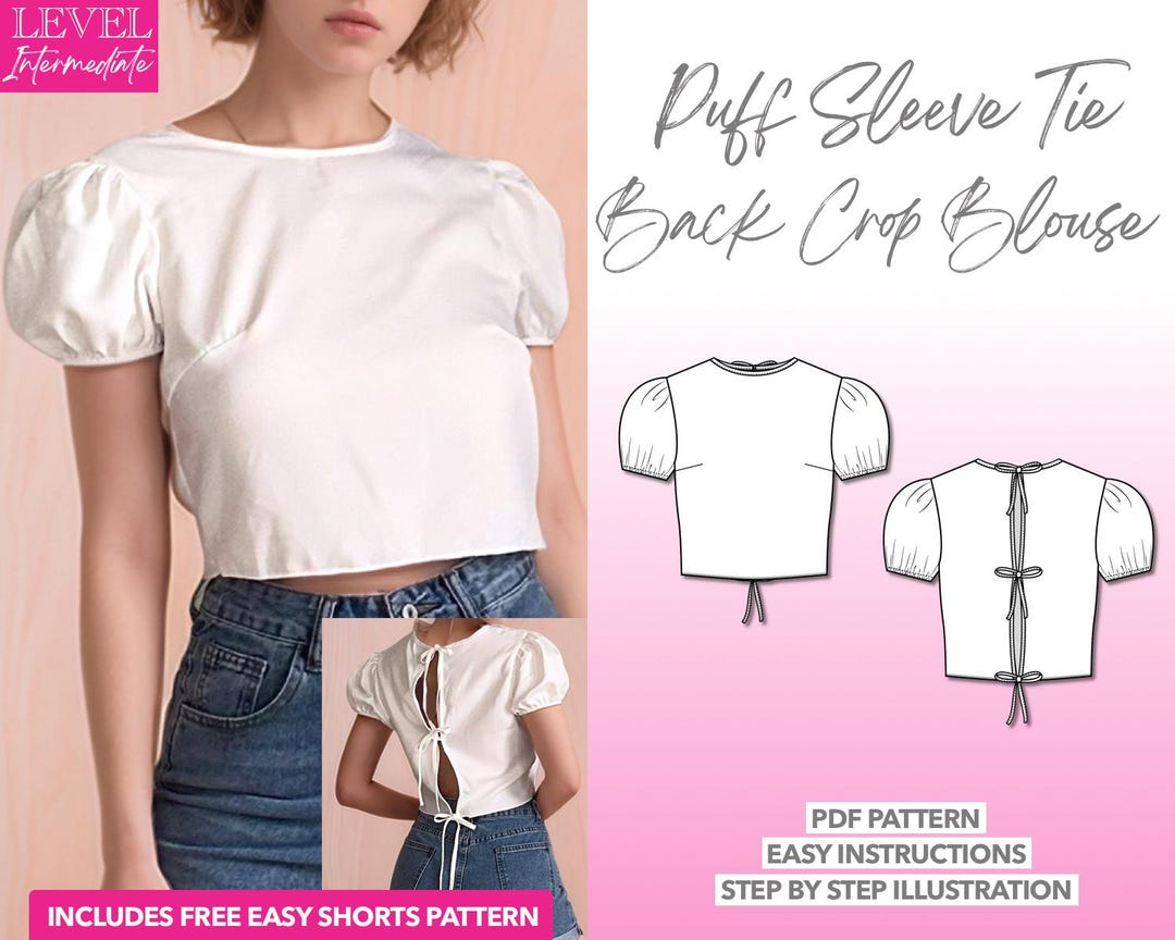 Puff Sleeve Tie Back Crop Blouse Sewing Pattern (PDF Pattern) - Etsy