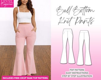 Patrón de costura para pantalón de punto acampanado: cintura alta (patrón PDF para tallas XS-XXXL)