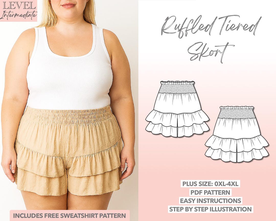 Plus Size Ruffled Tiered Skort Sewing Pattern (PDF Pattern 0XL-4XL