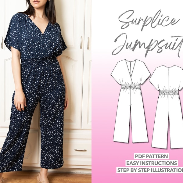 Surplice Jumpsuit Sewing Pattern Women Jumpsuit PDF Pattern Kimono Sleeve Jumpsuit Sewing Pattern Summer Jumpsuit Pattern PDF Comfy Jumpsuit