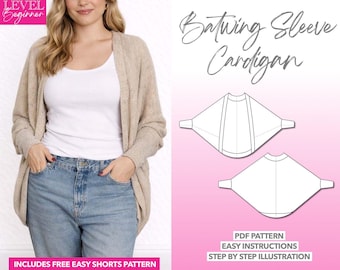 Cardigan con maniche a pipistrello, cartamodello da cucito per giacca oversize da donna, cardigan oversize in PDF, cartamodello PDF per giacca con maniche a kimono, cartamodello alla moda facile da cucire