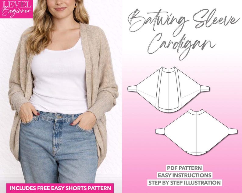 Batwing Sleeve Cardigan pdf sewing pattern with easy instructions and step by step illustrations.