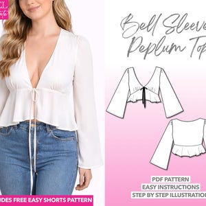 Bell Sleeve Top Sewing Pattern Tie Front Blouse Peplum Top PDF Pattern Flared Sleeve Blouse Bishop Sleeve Blouse Plunging Neckline Blouse