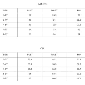 Patterns For Kidz 1y-8y size chart