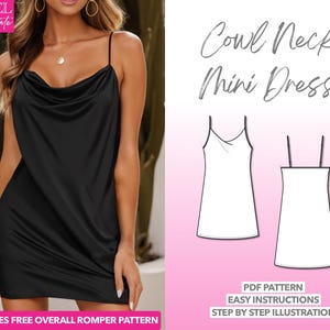 Cowl Neck Mini Dress Sewing Pattern Easy Dress Pattern PDF Mini Dress Pattern Slip Dress Sewing Pattern Party Dress Pattern Easy Pattern LBD