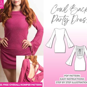 Party Dress Sewing Pattern Women Dress PDF Pattern Cowl Back Bell Sleeve Dress Sewing Pattern Prom Dress Pattern Mini Dress Sewing Pattern