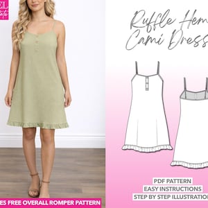 Ruffle Hem Dress Pattern, Camisole Dress Pattern, Mini Dress PDF Pattern, Beach Dress Pattern, Slip Dress Pattern, Casual Dress Warm Weather