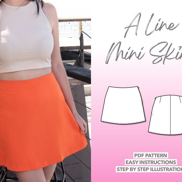 A Line Mini Skirt Sewing Pattern High Waist Skirt Pattern Mini Skirt PDF Easy Skirt Sewing Pattern Women