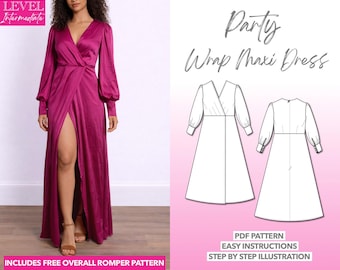 Maxi Dress Sewing Pattern Lantern Sleeve Dress Wrap Dress Pattern Sewing Women Pattern Party Dress Women PDF Pattern Elegant Dress Evening