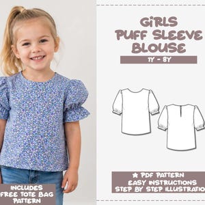 Girls Blouse Sewing Pattern Girl Sewing Pattern Puff Sleeve Blouse Girls Top Sewing Pattern Cottagecore Top Pattern Milkmaid Top PDF Pattern