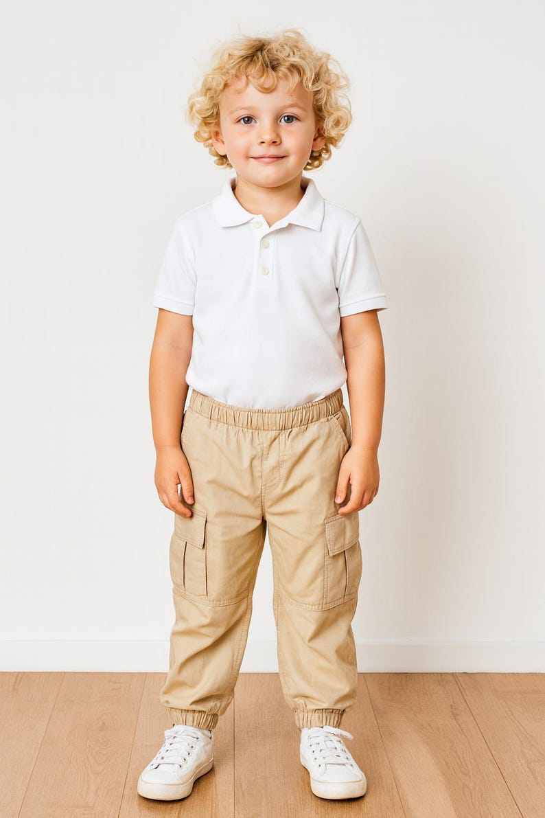 Child wearing a white polo shirt and beige Cargo Pants standing on a wooden floor with a white wall background.