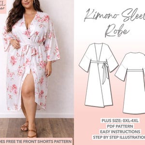 Patrón de costura para bata larga con mangas de kimono, tallas grandes (XL-4XL) (patrón PDF)