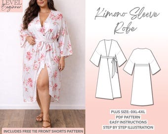 Plus Size Kimono Sleeve Maxi Robe Sewing Pattern 0XL-4XL (PDF Pattern)