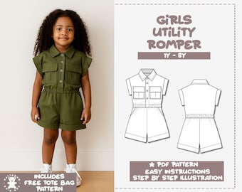 Girls Utility Romper Sewing Pattern PDF (Sizes 1Y-8Y) + Bonus Tote Bag
