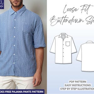 Mens Shirt Sewing Pattern Drop Shoulder Shirt Pattern Loose Fit Shirt Pattern Button Down Shirt PDF Pattern Men Sewing Pattern Button Shirt