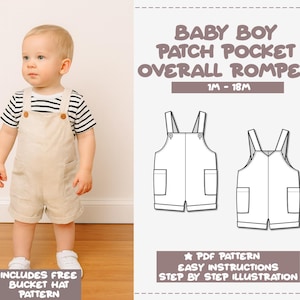 Patrón de costura para mono de bebé con bolsillo de parche (patrón PDF)