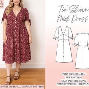 Plus Size Midi Dress Sewing Pattern: Tie Sleeve Button Front (PDF Pattern 0XL-4XL)