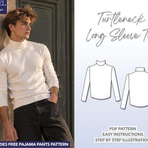 Patrón de costura para camiseta de cuello alto de hombre, ideal para principiantes. Patrón de camiseta de manga larga fácil de coser. Patrón de camiseta de punto para hombre en PDF.