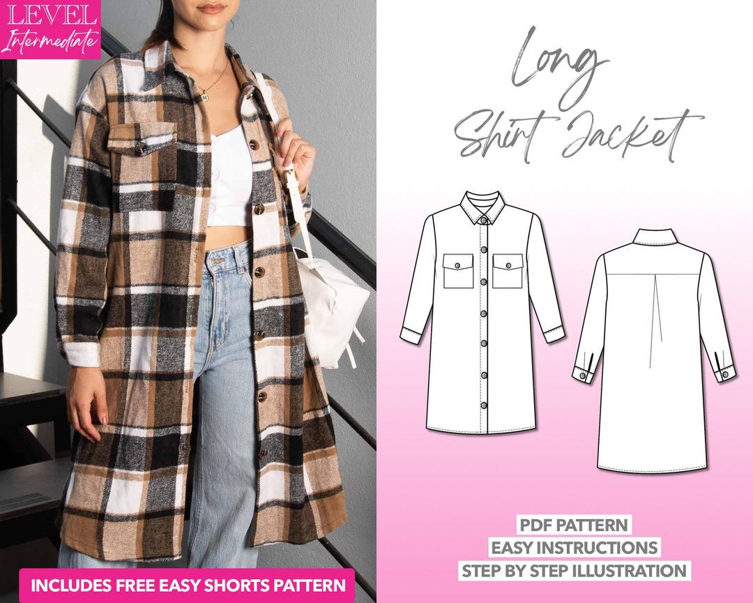Long Shirt Jacket Sewing Pattern: Women's Shacket Coat (PDF Pattern XS ...