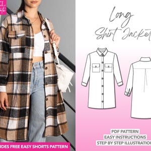 ロングシャツジャケットの縫製パターン：レディースシャケットコート（PDFパターン XS-XXXL）