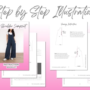 Tie Shoulder Jumpsuit sewing pattern instruction booklet showing step by step illustrations to make the garment.