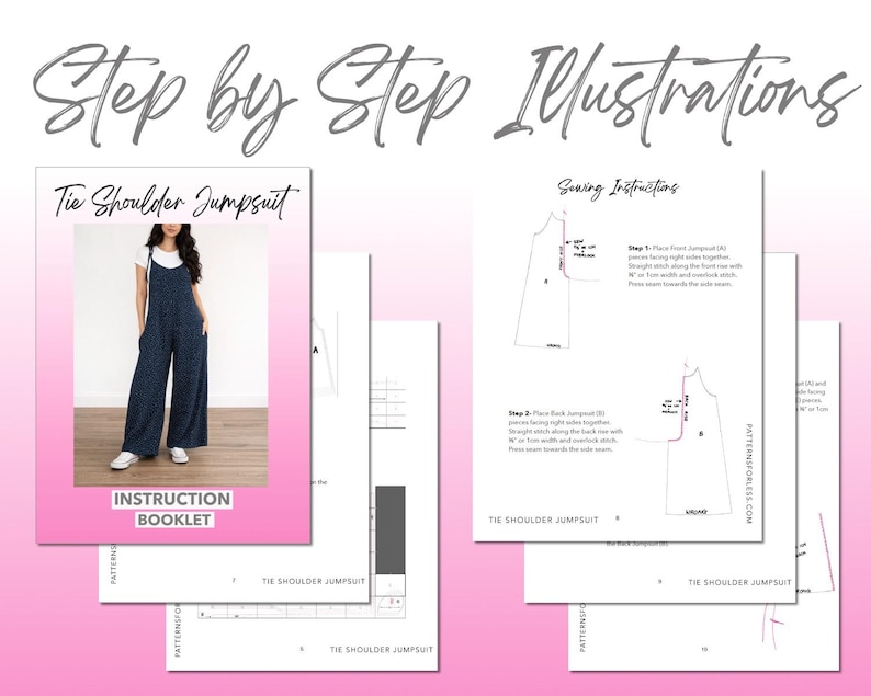 Tie Shoulder Jumpsuit sewing pattern instruction booklet showing step by step illustrations to make the garment.