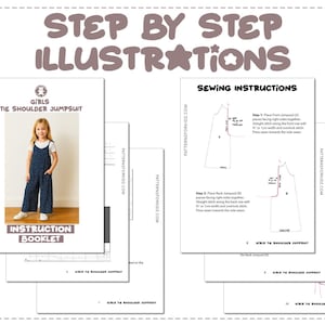 Girls Tie Shoulder Jumpsuit sewing pattern instruction booklet showing step by step illustrations to make the garment.