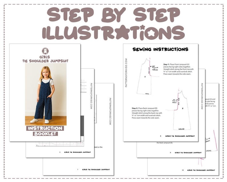 Girls Tie Shoulder Jumpsuit sewing pattern instruction booklet showing step by step illustrations to make the garment.