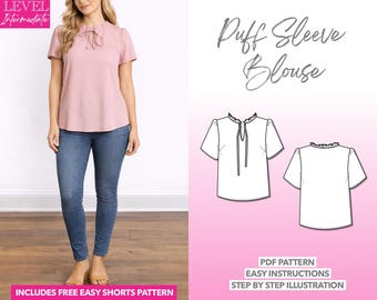 Tie Neck Puff Sleeve Blouse Sewing Pattern (PDF Pattern)