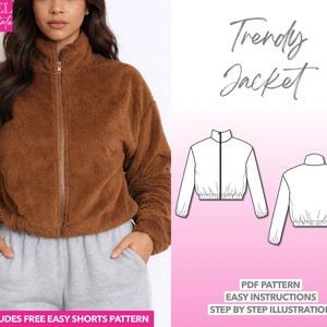 Patrón de costura de chaqueta bomber Patrón de chaqueta corta fácil Chaqueta con cremallera PDF Chaqueta de moda Patrón de chaqueta con cintura elástica Chaqueta con puños elásticos