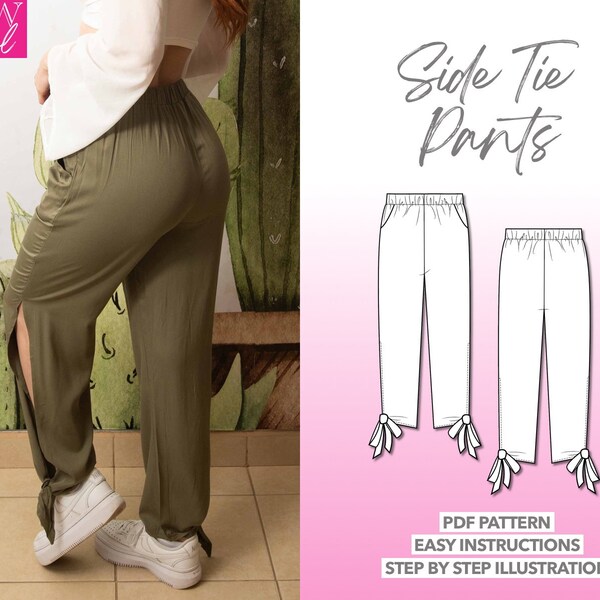 Pants Sewing Pattern Side Tie Pants Pattern Women Sewing Pattern Boho Pants Pattern Elastic Waist Pants Sewing Pattern