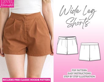 Schnittmuster für lässige Shorts, Schnittmuster für Shorts mit weitem Bein, Schnittmuster für Shorts mit hohem Bund, klassische Sommershorts, einfache Shorts (PDF-Schnittmuster für Damen)