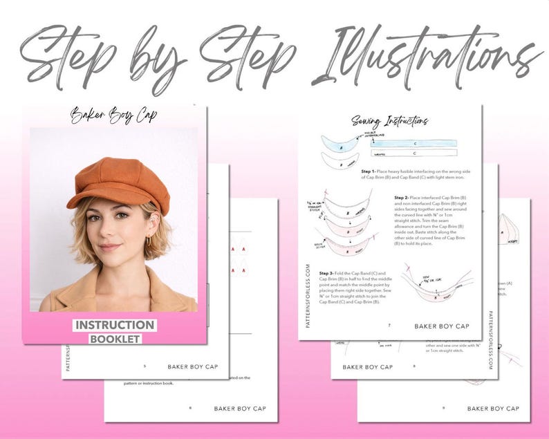 Baker Boy Cap sewing pattern instruction booklet showing step by step illustrations to make the garment.