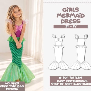 Girls Mermaid Dress, Girls Costume Pattern, Girls Dress Pattern, Girls Sewing Pattern, Beginner Sewing, Sizes 3Y-8Y, Easy PDF Sewing Pattern