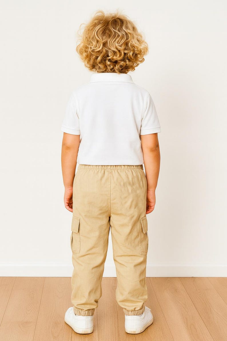 Back view of child wearing a white polo shirt and beige Cargo Pants standing on a wooden floor with a white wall background.