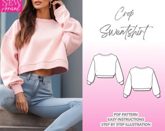 Crop Sweatshirt Sewing Pattern Women Sewing Pattern Pullover PDF Pattern Drop Shoulder Sweatshirt Sewing Pattern Crop Top Pattern